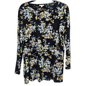 J. Jill Flowy Black Floral Top Oversized Tiered Tunic Blouse Loose Relaxed Fit